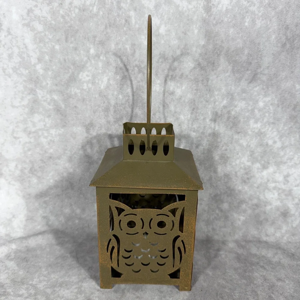 Vtg 90s‎ Y2K Rustic Metal Owl Lantern Tealight Distressed Bronze Hanging Decor